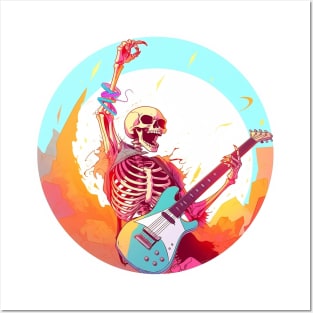 Neon Notes: Skeleton's Electric Guitar Rockin' Symphony Posters and Art